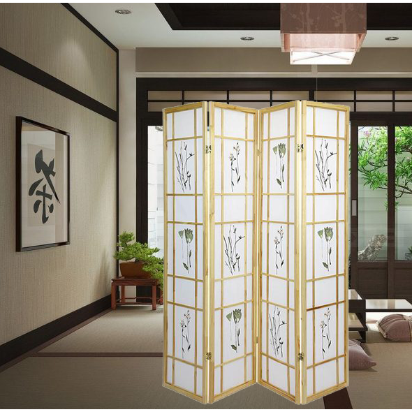 Gray Hardwood Oriental Folding Room Divider Screen Shoji Screen Room Separator Partition Wall Small Flowered Natural Japanese Style 4 Panels