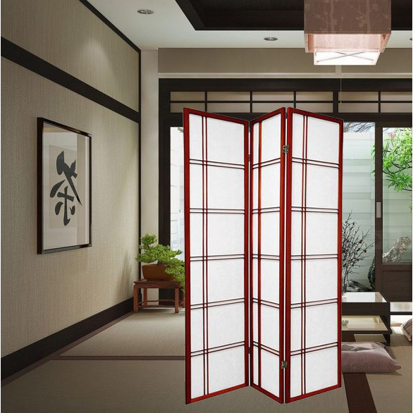 White Smoke Oriental Folding Room Divider Screen Hardwood Shoji Screen Room Separator Partition Wall Double Cross Cherry 3 Panels