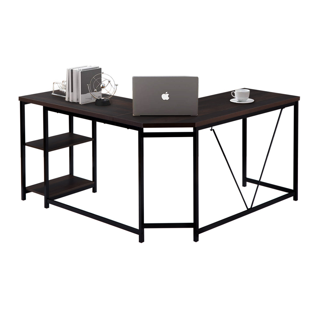 Dim Gray L-Shaped Computer Desk with 2-Tier Storage Shelves for Home Office