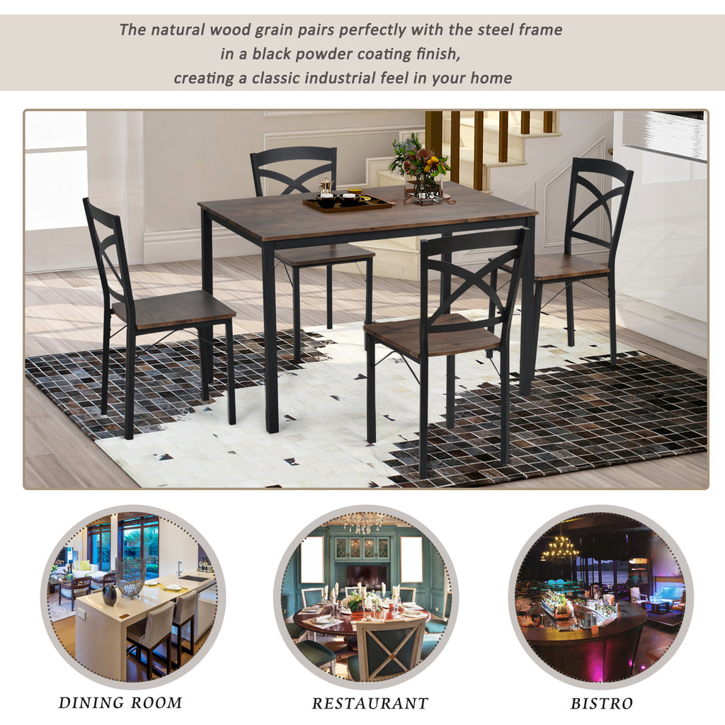 Dim Gray 5 Counts - Industrial Wooden Dining Set with Metal Frame and 4 Ergonomic Chairs
