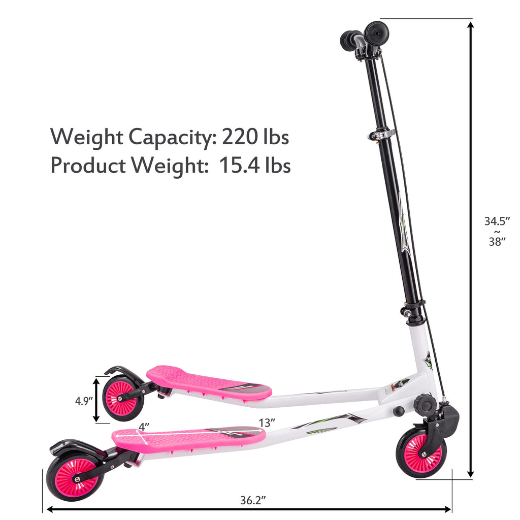 Hot Pink Foldable Kids Swing Scooter Push Drifting with Adjustable Handle for Kids Age 3+ Pink BH019536
