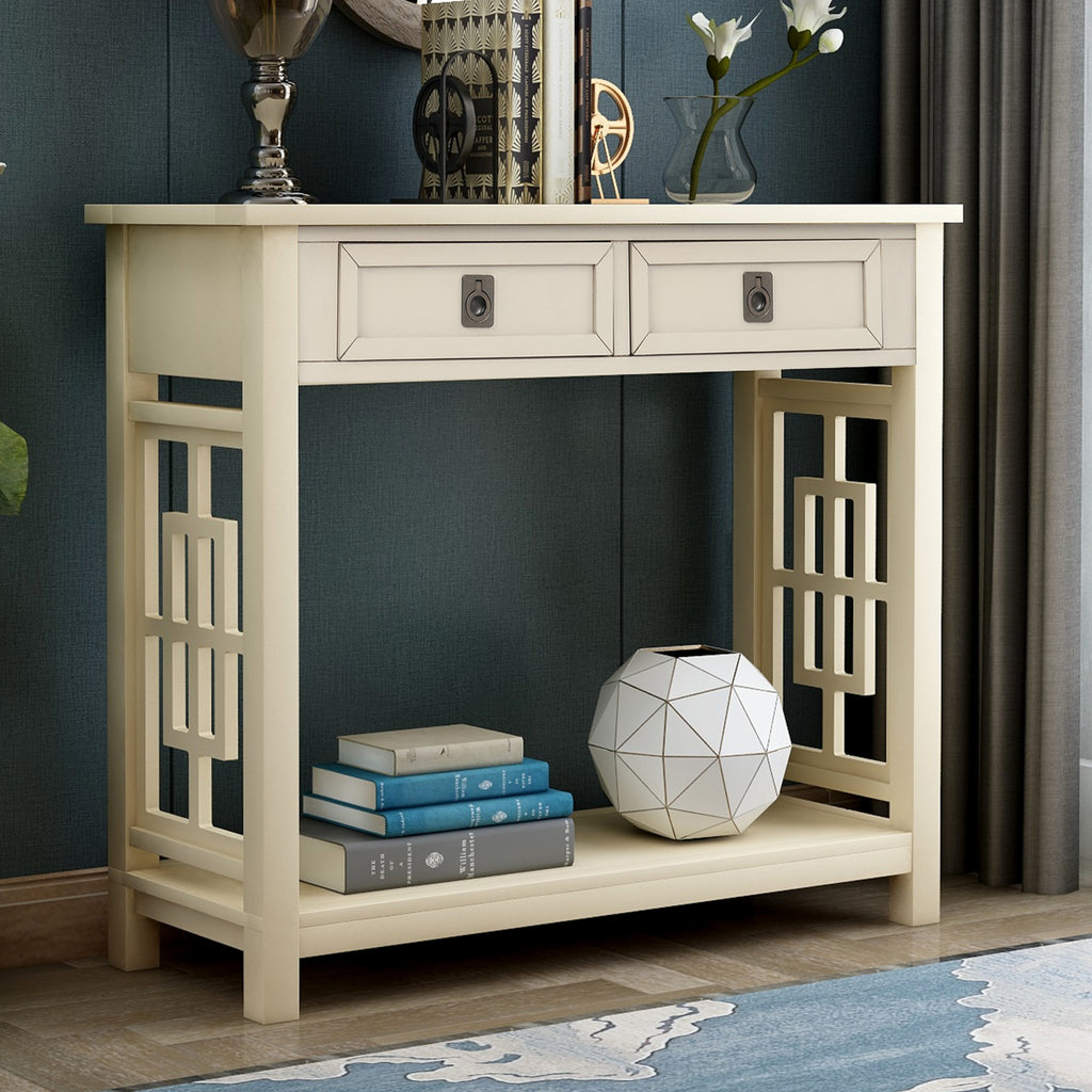Gray Console Table with 2 Drawers and Bottom Shelf