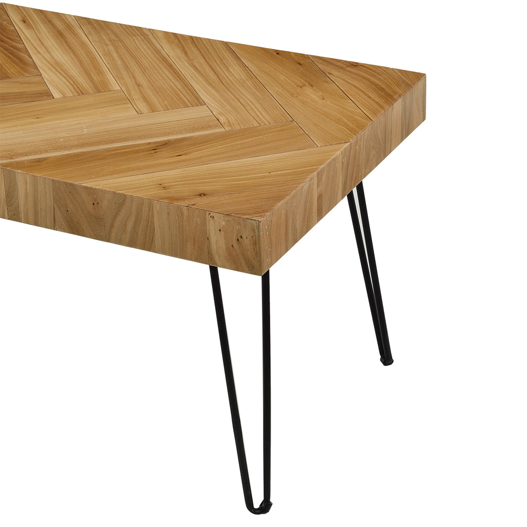 Dark Khaki Coffee Table w/Chevron Pattern & Metal Hairpin Legs Rough Finished Wood