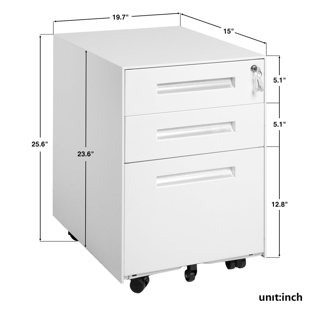White Smoke 3-Drawer Mobile Metal File Cabinet with Lock and Keys