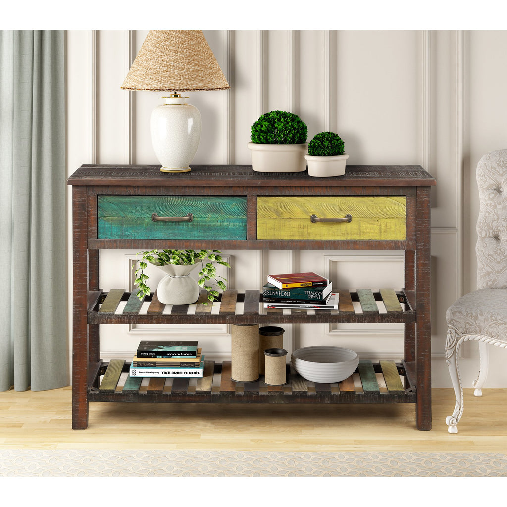 Dark Khaki Console Table with Drawers and 2 Tiers Shelves