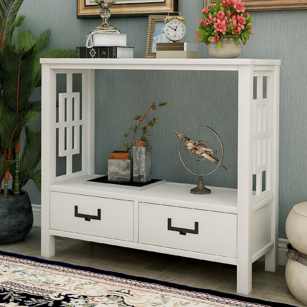 Dim Gray Farmhouse Console Sofa Table with Two Bottom Drawers for Entryway