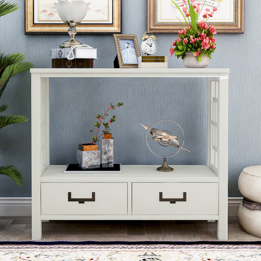 Slate Gray Farmhouse Console Sofa Table with Two Bottom Drawers for Entryway