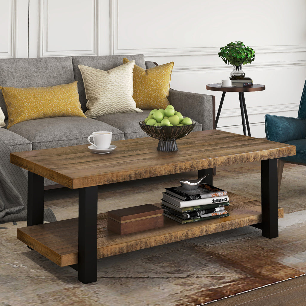 Dim Gray Rectangle Rustic Natural Coffee Table with Storage Shelf for Living Room