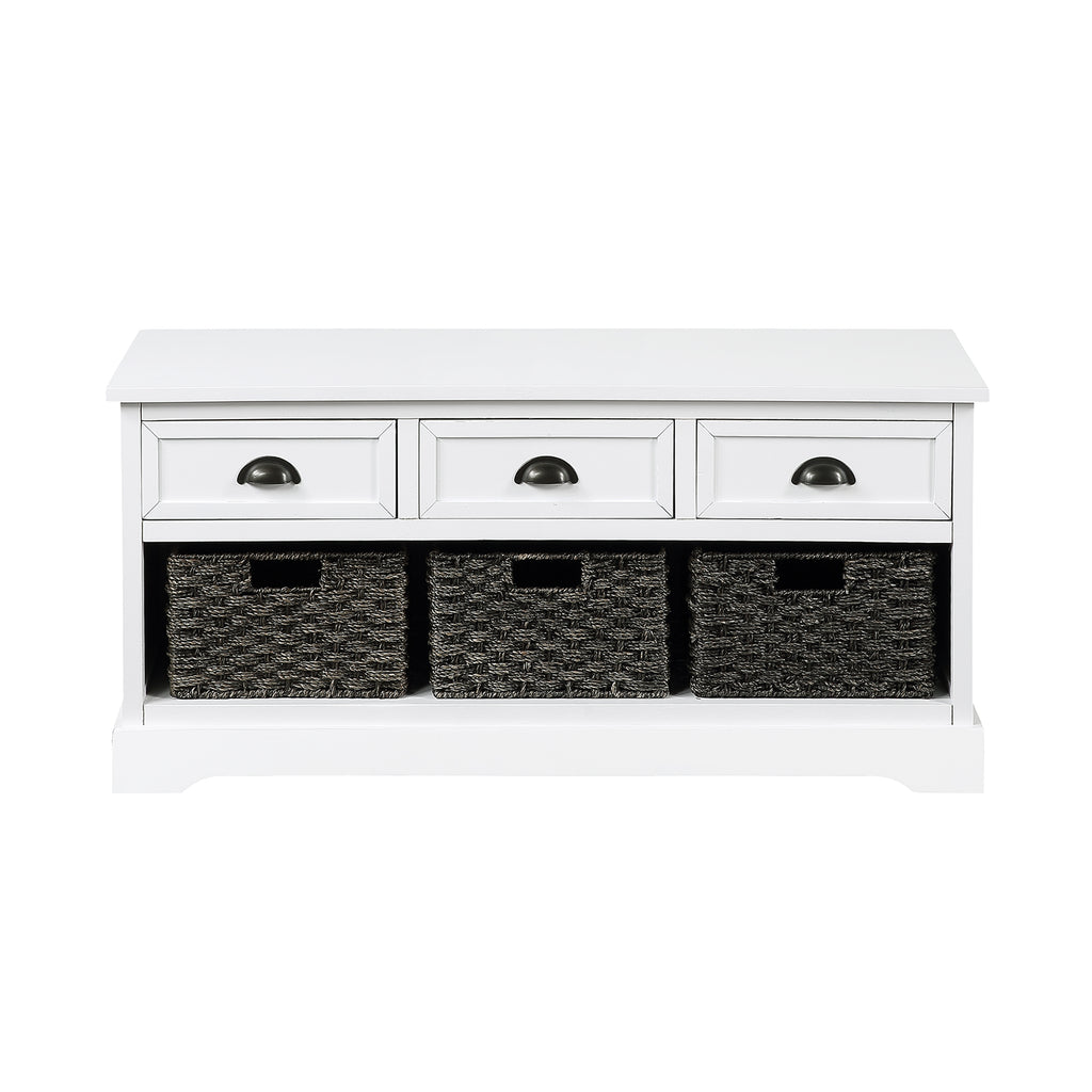White Smoke Wicker Storage Bench with 3 Drawers and 3 Woven Baskets