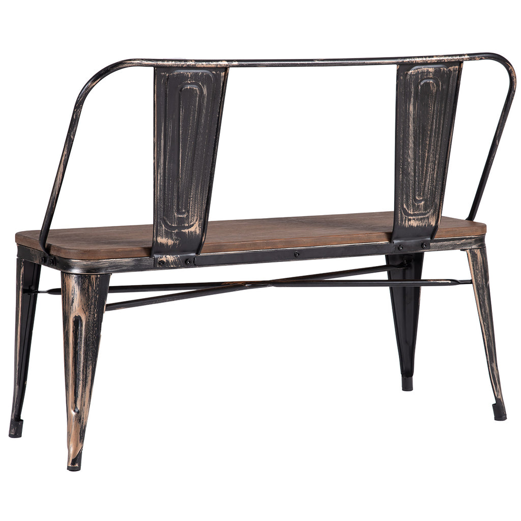 Dim Gray Rustic Style Distressed Dining Bench with Wooden Seat Panel and Metal Backrest & Legs BH036325