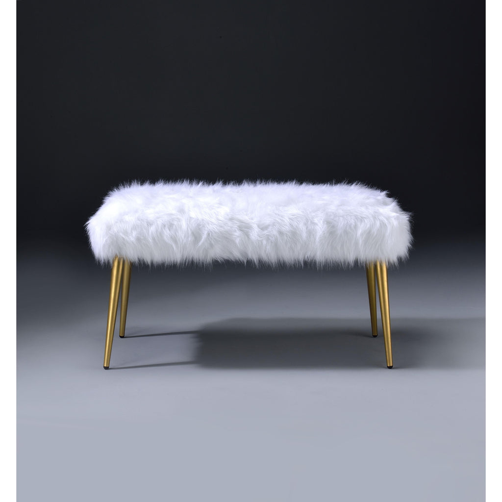Lavender Bagley II Bench in White Faux Fur & Gold
