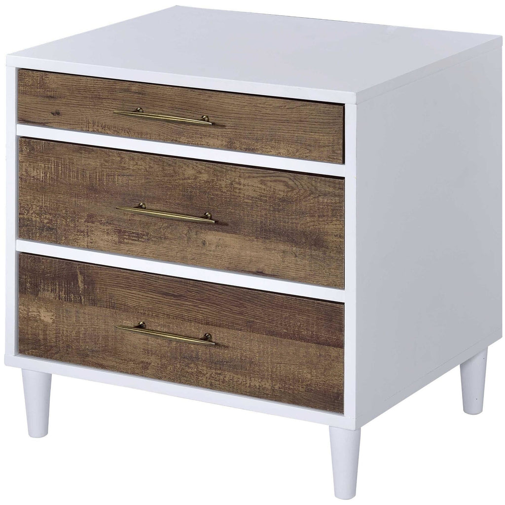 Dark Olive Green Rectangular Wooden End Table Nightstand With Three Drawers in White & Weathered Oak