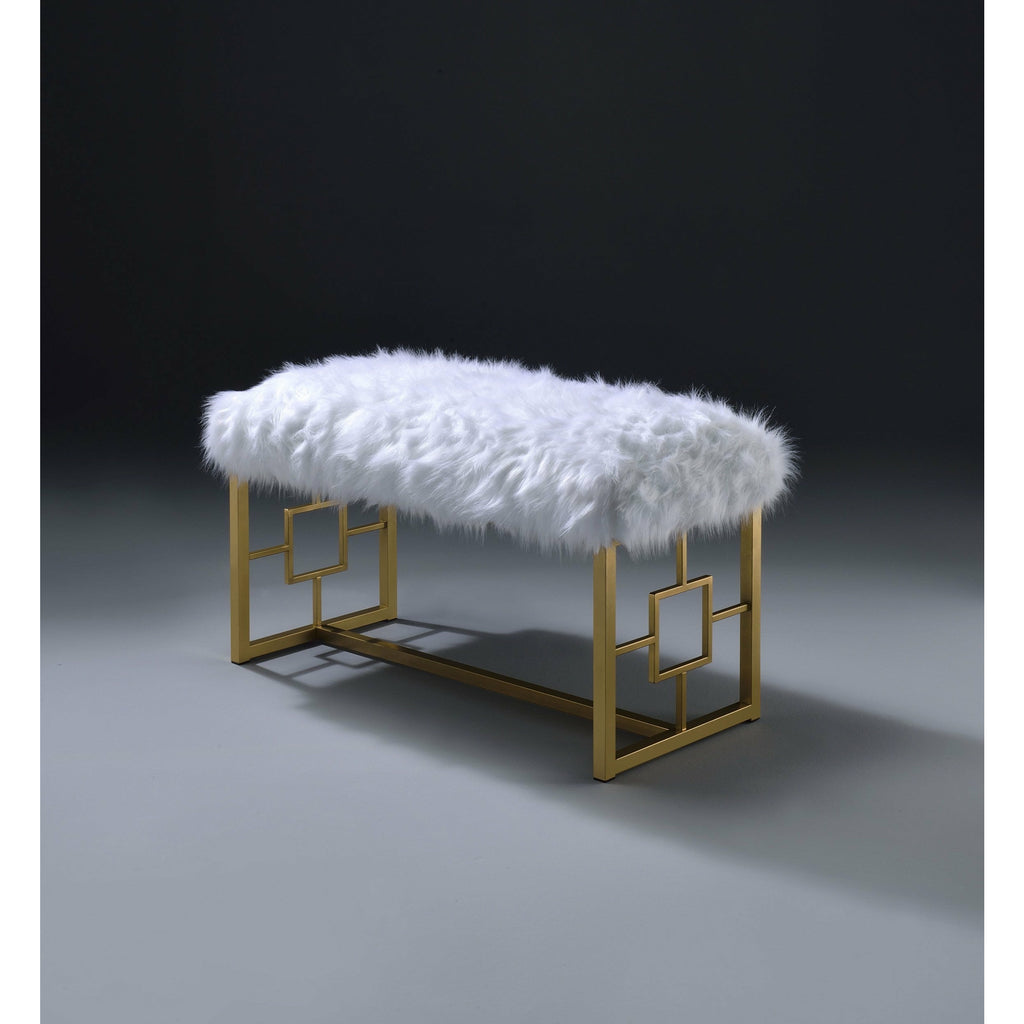 Lavender Armless Lounge Bench w/Seat Cushion & Metal Base in White Faux Fur & Gold