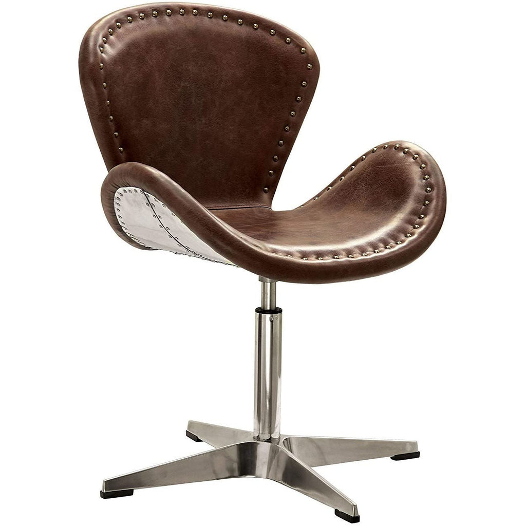 Bar Stool Accent Chair With Nailhead trim & Metal Base in Retro Brown Top Grain Leather & Aluminum