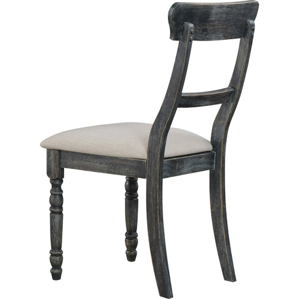Dark Slate Gray Hollow Back Wooden Side Chair Dining Room in Light Brown Linen & Weathered Gray - Set Of 2