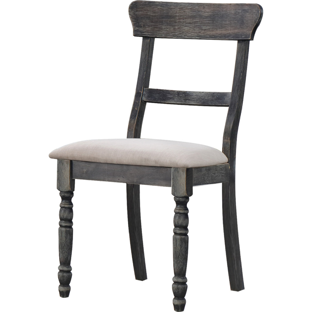 Dark Slate Gray Hollow Back Wooden Side Chair Dining Room in Light Brown Linen & Weathered Gray - Set Of 2