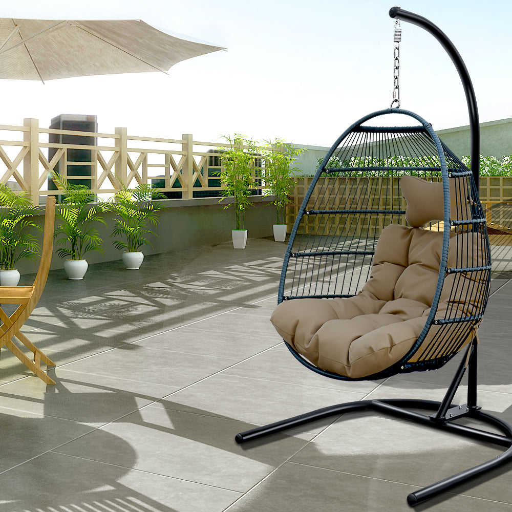 Dark Olive Green Outdoor Patio Hanging Basket Single Seat Swing Chair Classic Egg Chair with Cushion and Stand