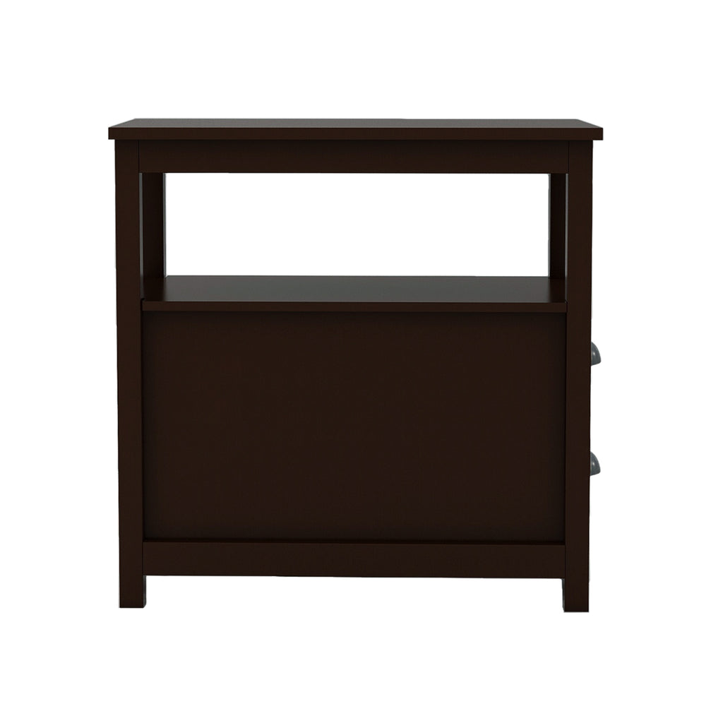 Black End Table Narrow Nightstand With Two Drawers And Open Shelf-Brown