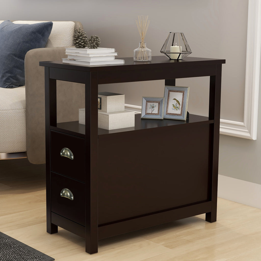 Black End Table Narrow Nightstand With Two Drawers And Open Shelf-Brown