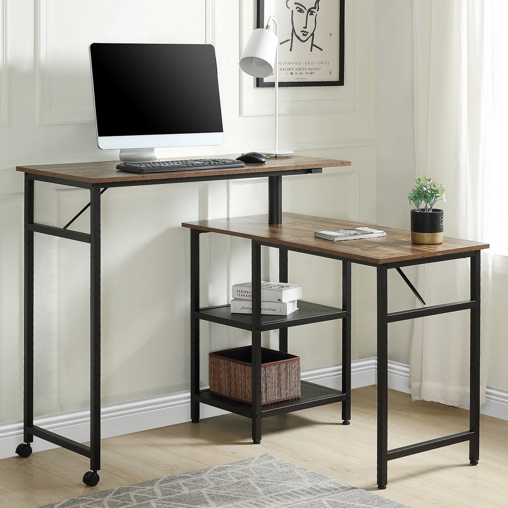Gray L Shaped 360 Degrees Free Rotating Standing Computer Desk with Storage Shelf