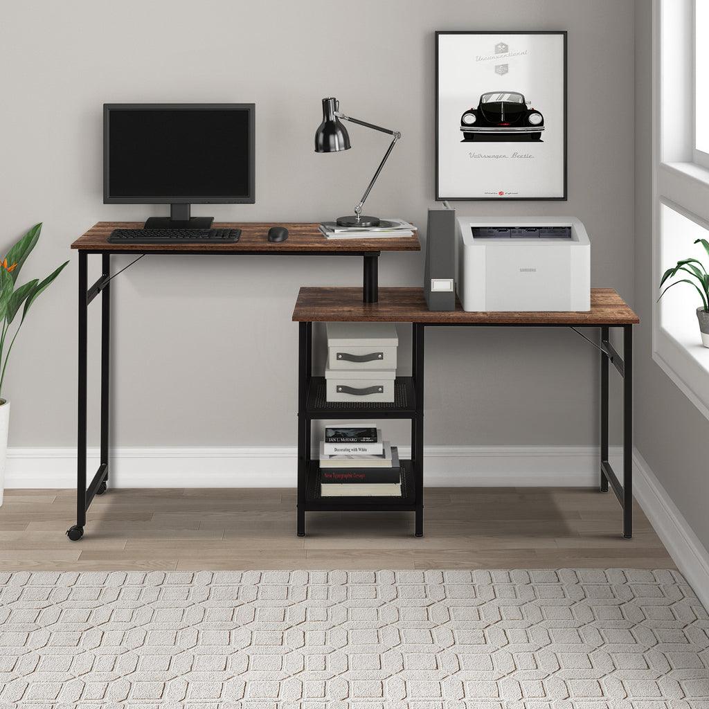 Gray L Shaped 360 Degrees Free Rotating Standing Computer Desk with Storage Shelf