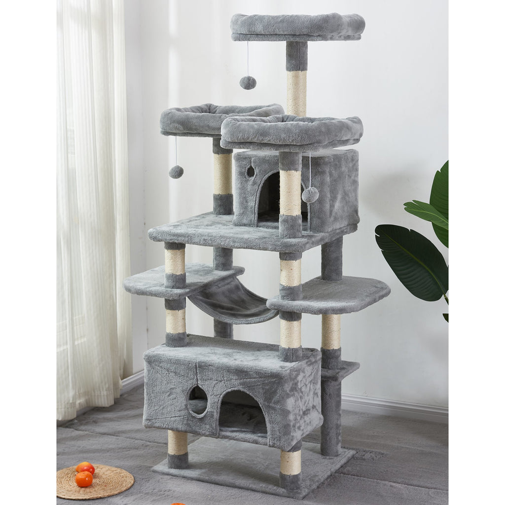 Gray 67" Large Cat Tree Condo with Sisal Scratching Posts Perches Houses Hammock, Cat Tower Furniture Kitty Activity Center Kitten Play House_ Light Gray