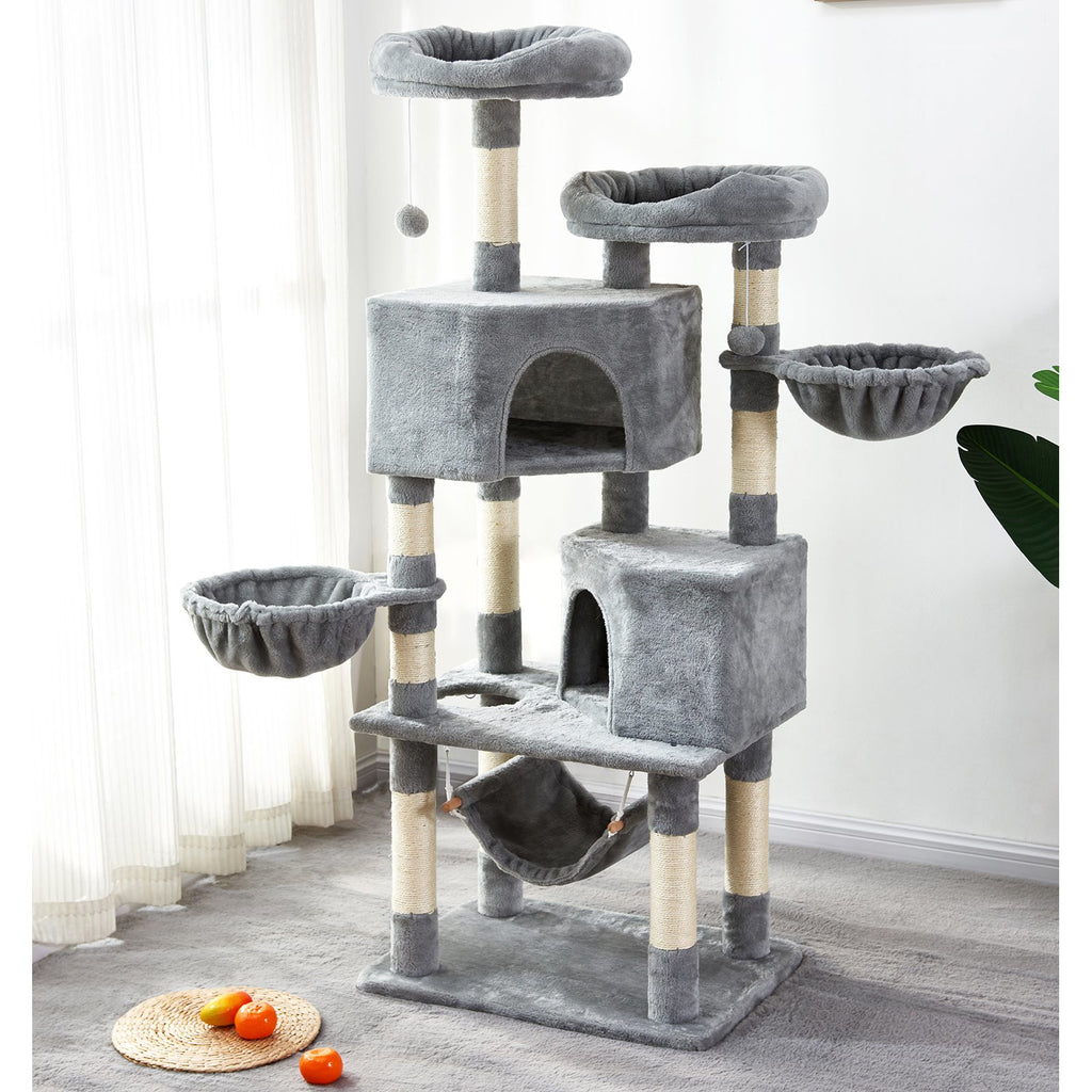 Dim Gray 59" H Multi-Level Cat Tree with Flexible Pole Covered with Sisal, Plush Perch, Hammock and Apartment, Cat Tower Furniture-For Cats and Pets_Light Gray