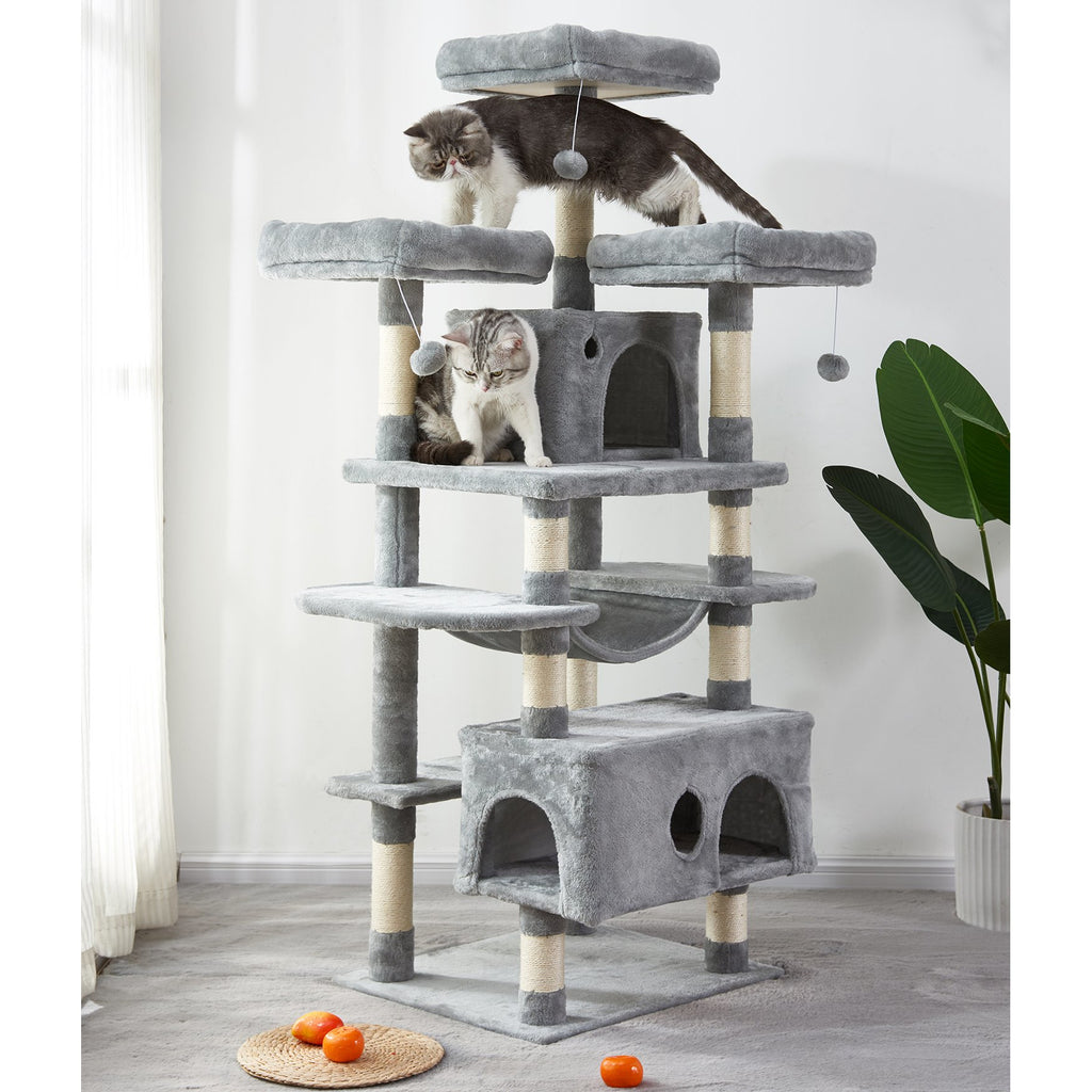 Beige 67" Large Cat Tree Condo with Sisal Scratching Posts Perches Houses Hammock, Cat Tower Furniture Kitty Activity Center Kitten Play House_ Light Gray