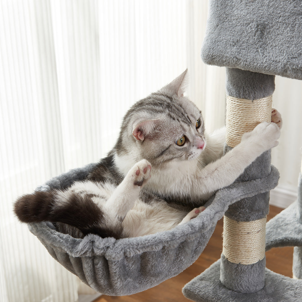 Dark Gray 59" H Multi-Level Cat Tree with Flexible Pole Covered with Sisal, Plush Perch, Hammock and Apartment, Cat Tower Furniture-For Cats and Pets_Light Gray