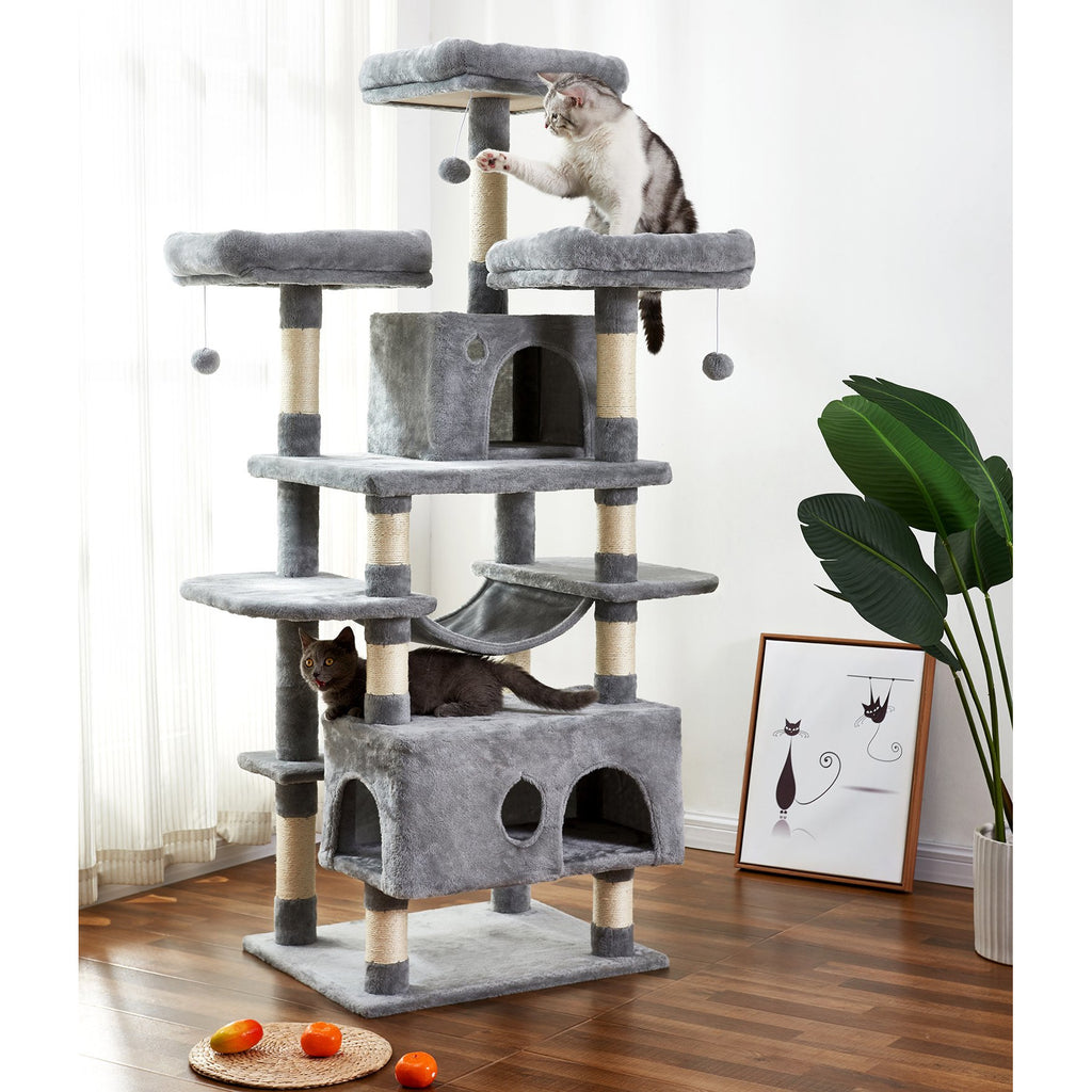 White Smoke 67" Large Cat Tree Condo with Sisal Scratching Posts Perches Houses Hammock, Cat Tower Furniture Kitty Activity Center Kitten Play House_ Light Gray