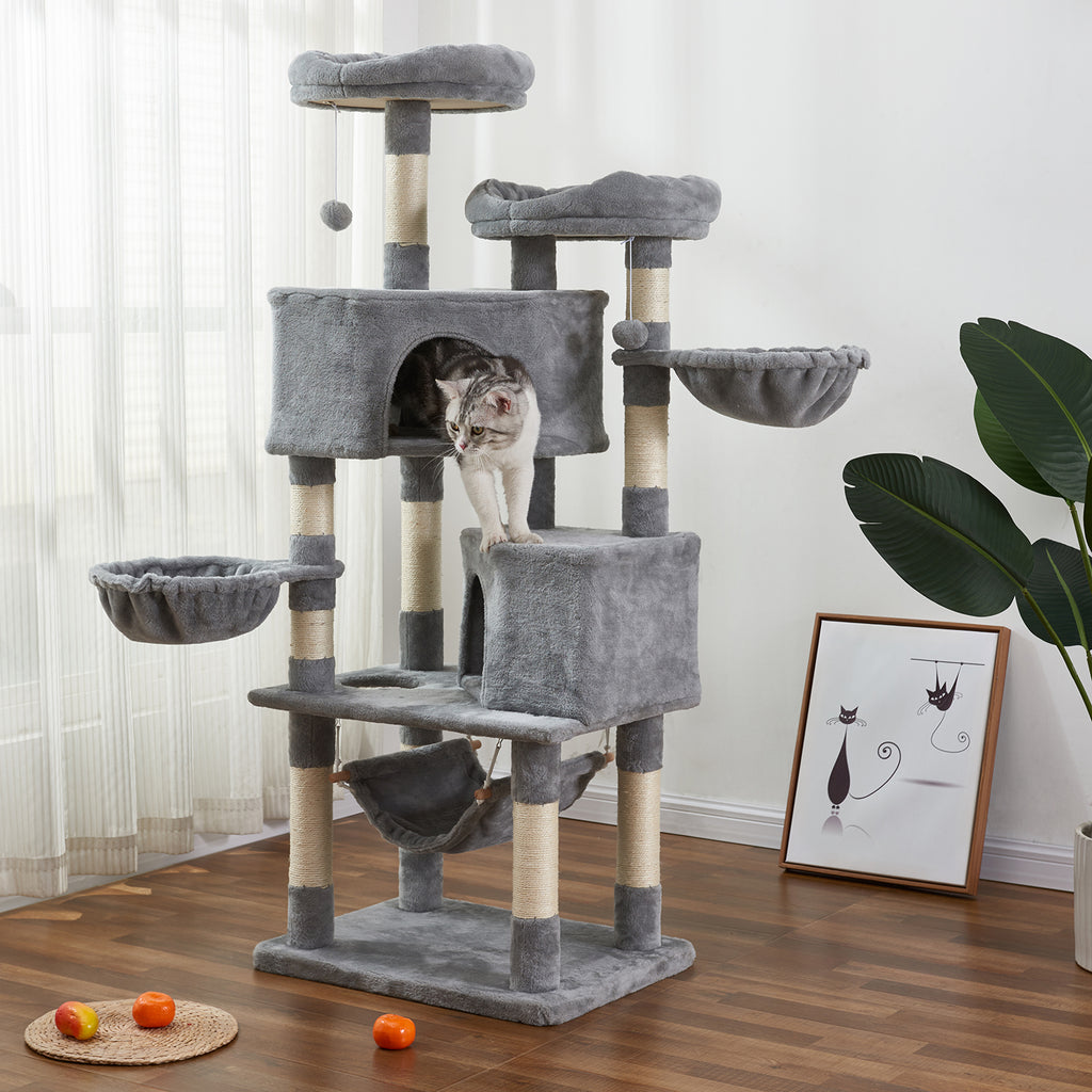 Slate Gray 59" H Multi-Level Cat Tree with Flexible Pole Covered with Sisal, Plush Perch, Hammock and Apartment, Cat Tower Furniture-For Cats and Pets_Light Gray