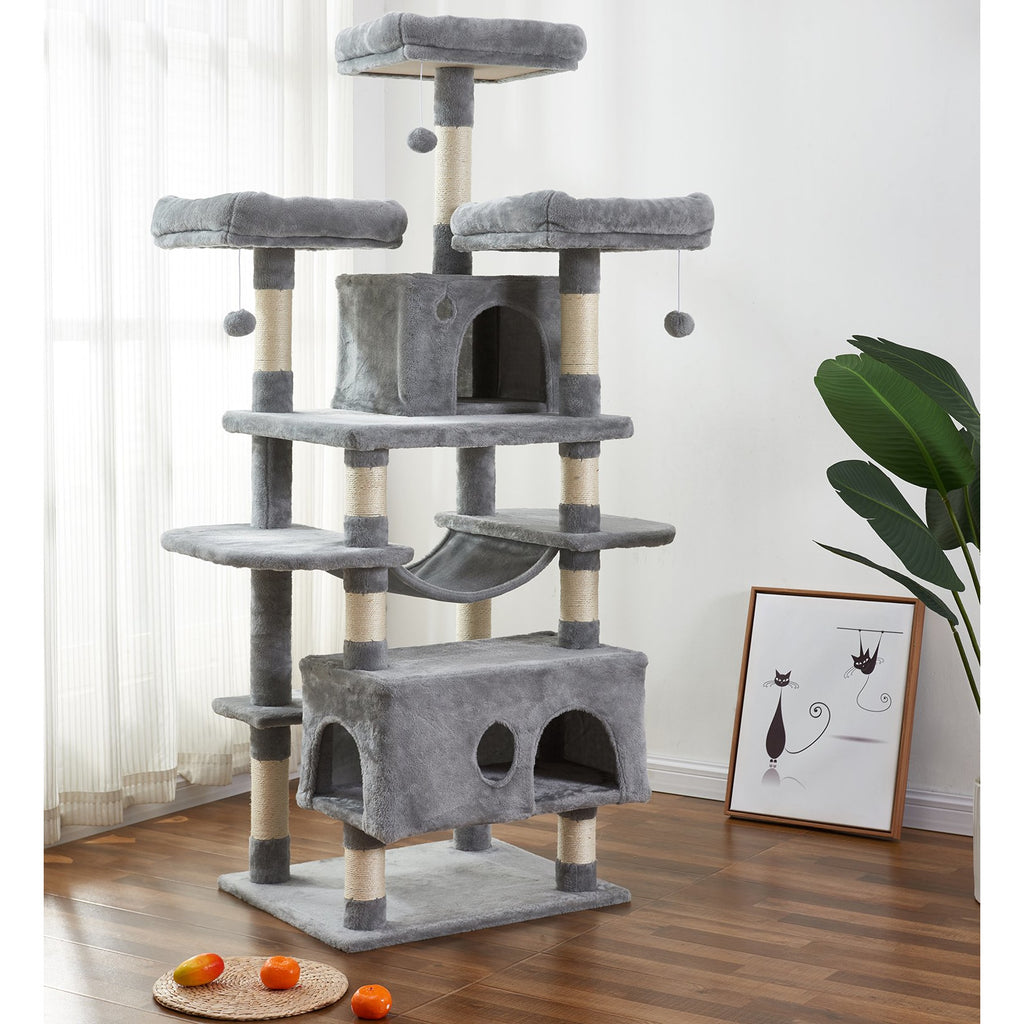 Dim Gray 67" Large Cat Tree Condo with Sisal Scratching Posts Perches Houses Hammock, Cat Tower Furniture Kitty Activity Center Kitten Play House_ Light Gray