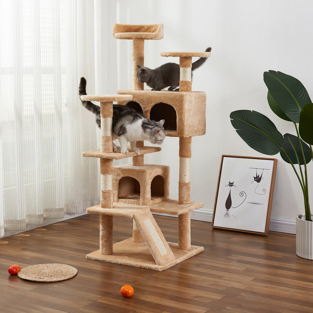 Tan 51" Multi-Level Cat Tree Tower with Scratching Posts Kittens Activity Tower