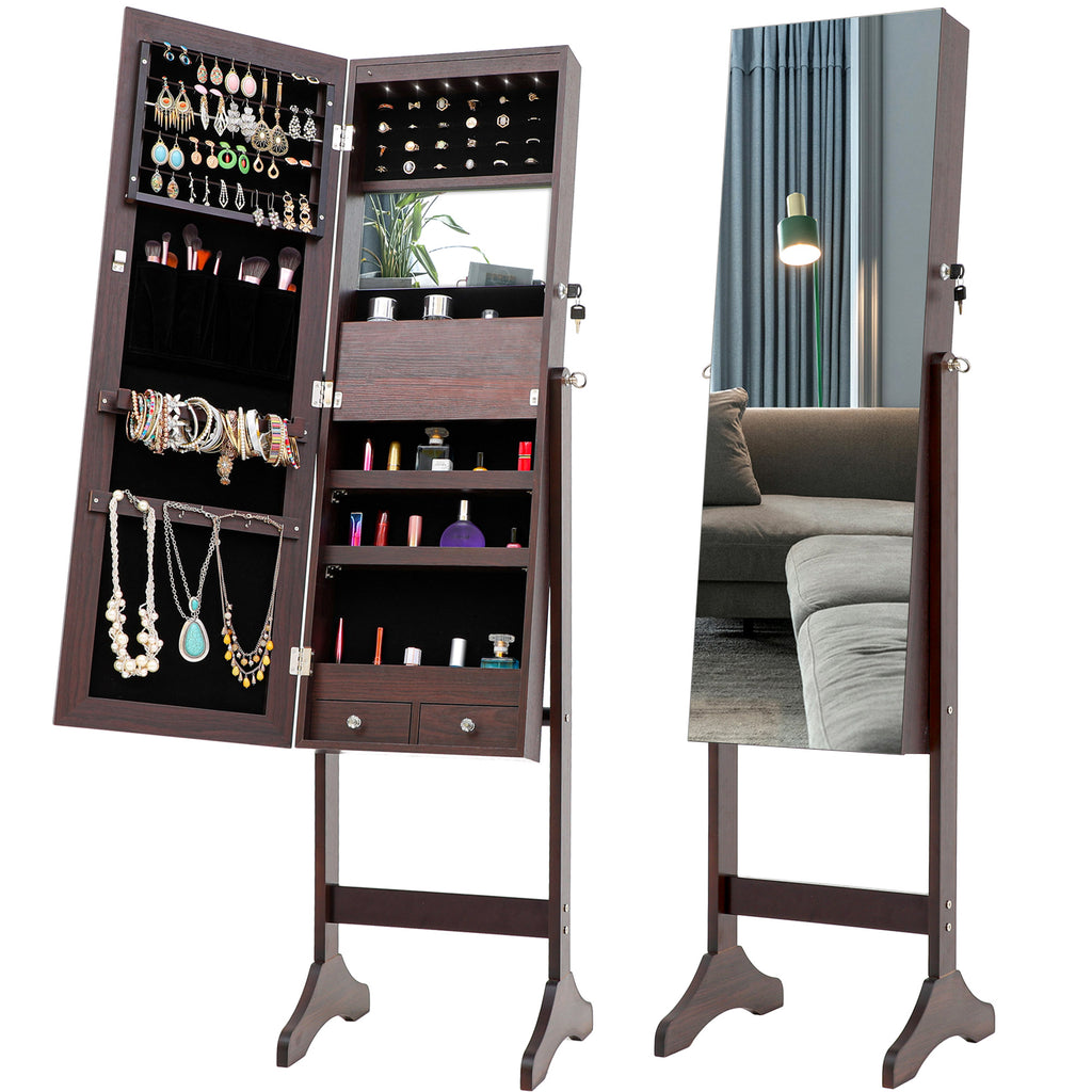 Dark Slate Gray Rustic Jewelry Storage Mirror Cabinet With LED Lights, Standing Display