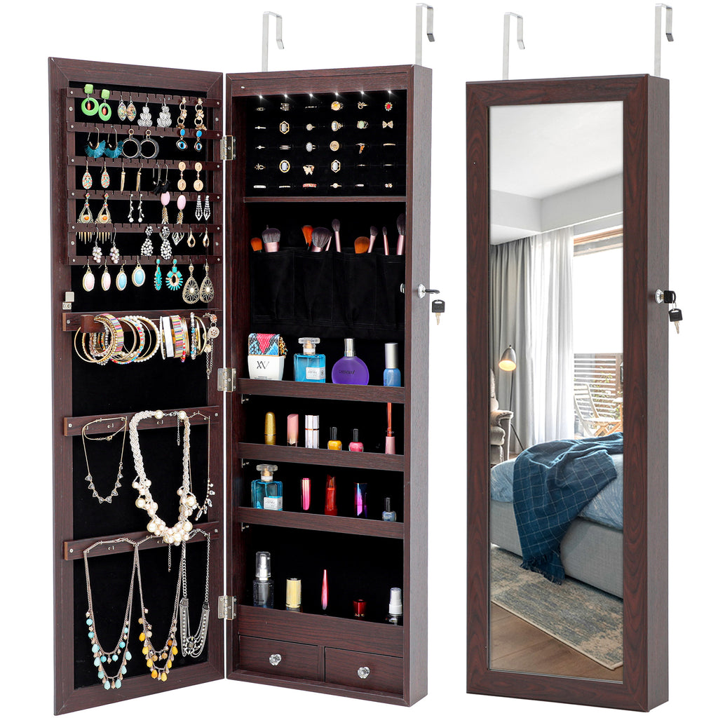 Dark Slate Gray Hanging Jewelry Storage Mirror Cabinet With LED Lights, Multi-function
