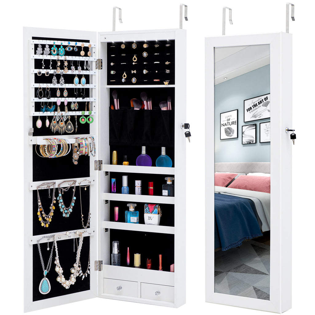 Light Gray Hanging Jewelry Storage Mirror Cabinet With LED Lights, Multi-function
