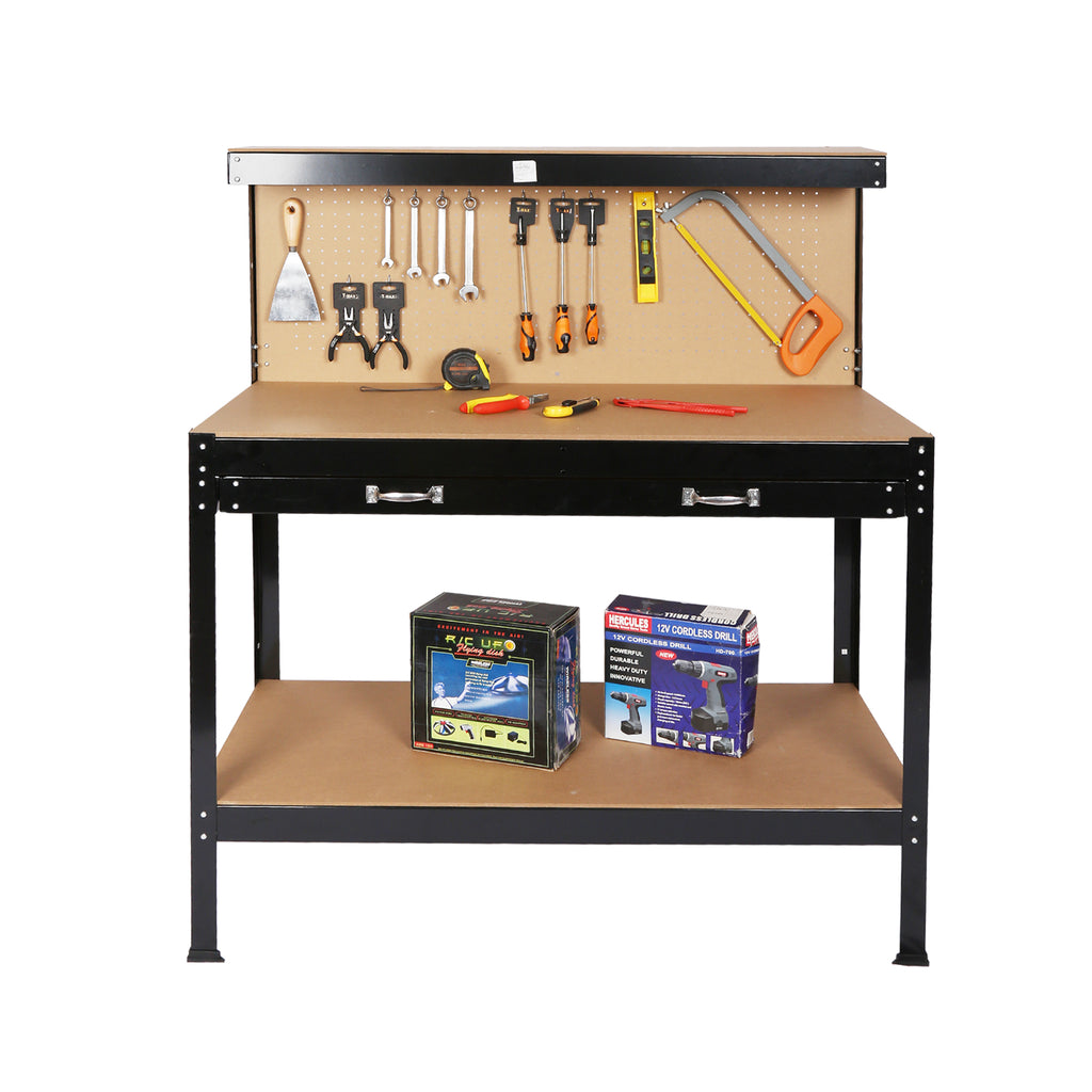 55In. Tool Organizer Cart Workbench with Solid Wood Top, Black