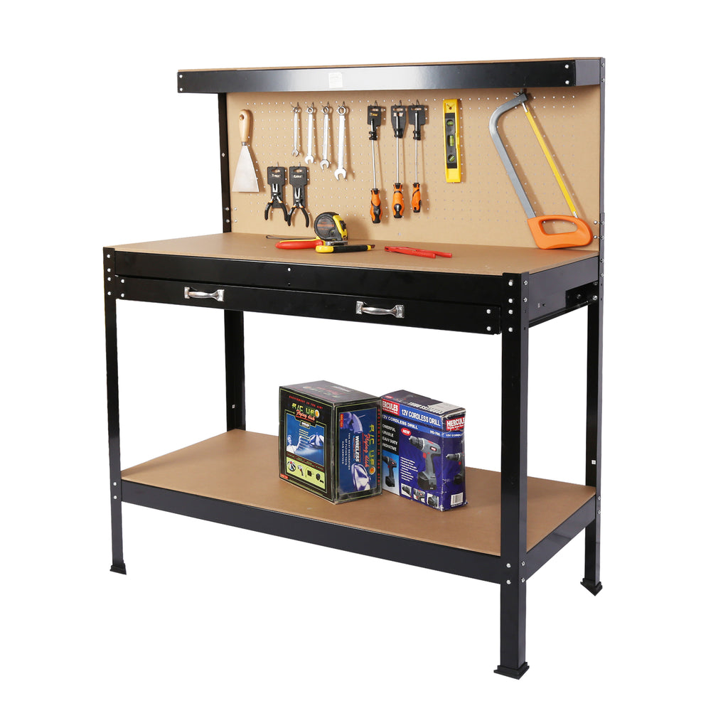 Tan 55In. Tool Organizer Cart Workbench with Solid Wood Top, Black