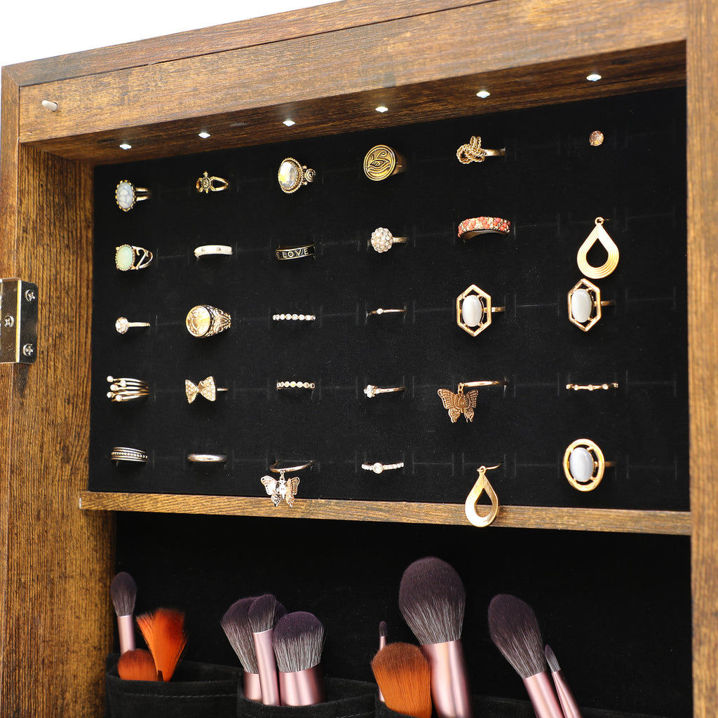 Dark Khaki Hanging Jewelry Storage Mirror Cabinet With LED Lights, Multi-function
