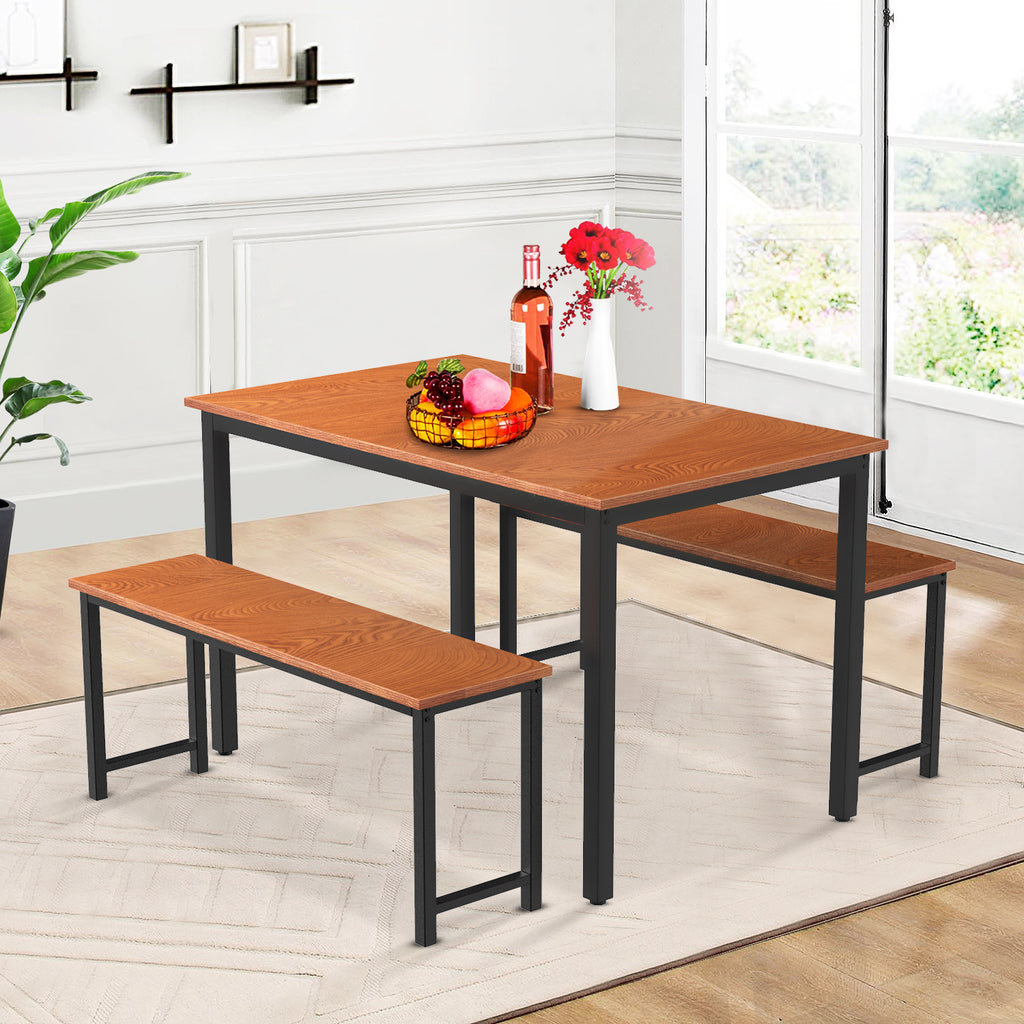 3 Counts - Farmhouse Kitchen Table Set with Two Benches Dining Room - Brown