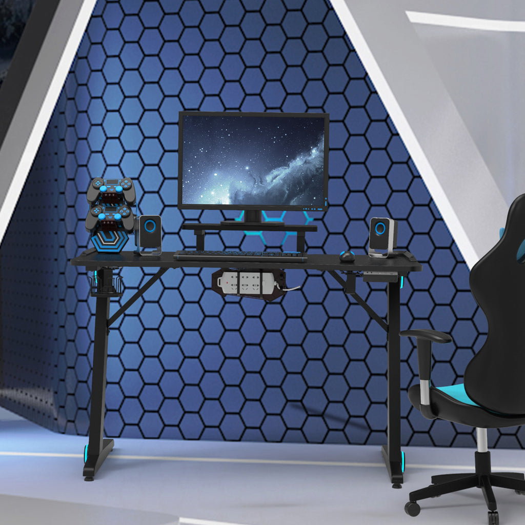 Dark Slate Blue Gaming Desk Z-Shaped Computer Desk Gamer Workstation with Monitor Stand & Carbon Fiber Surface