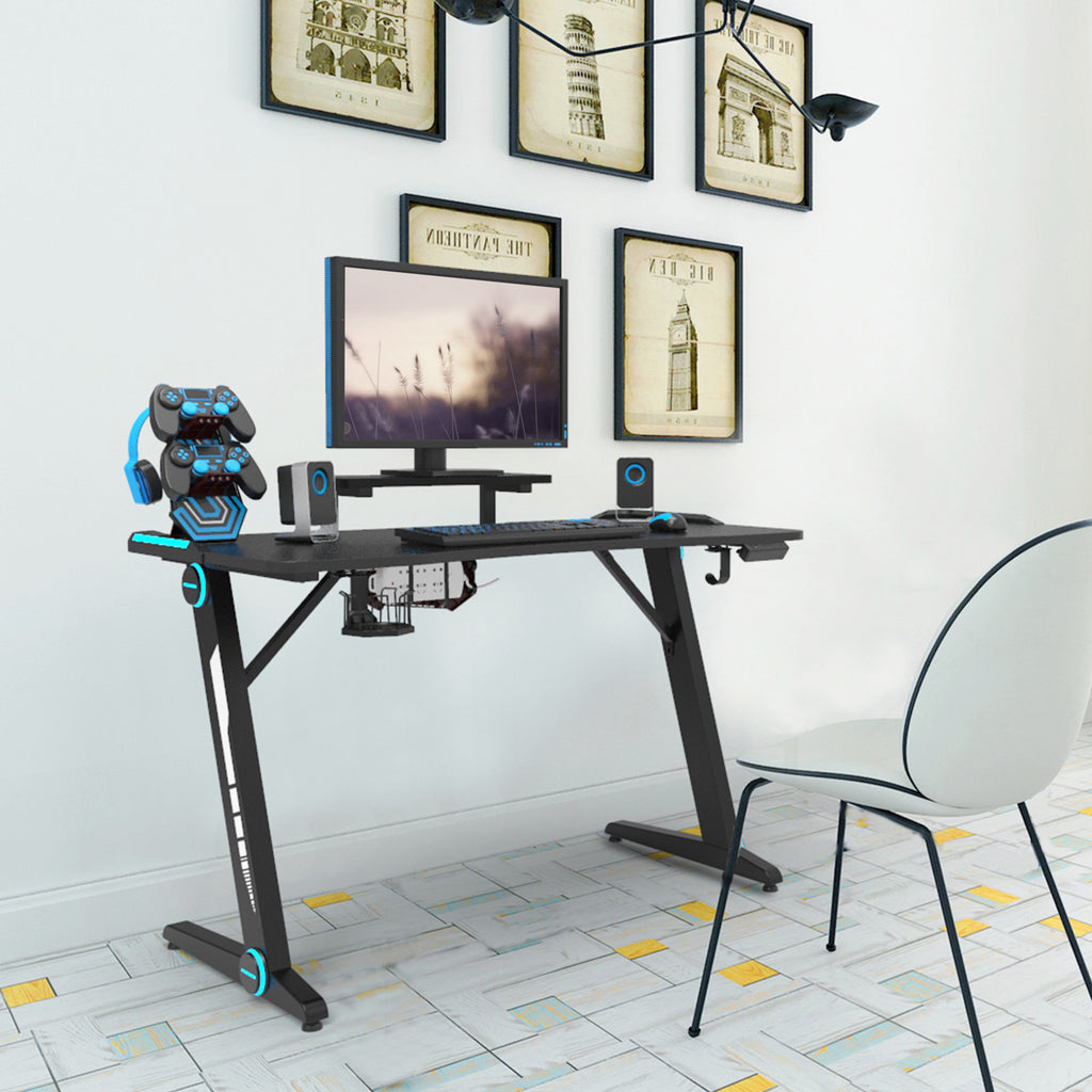 Dark Slate Gray Gaming Desk Z-Shaped Computer Desk Gamer Workstation with Monitor Stand & Carbon Fiber Surface