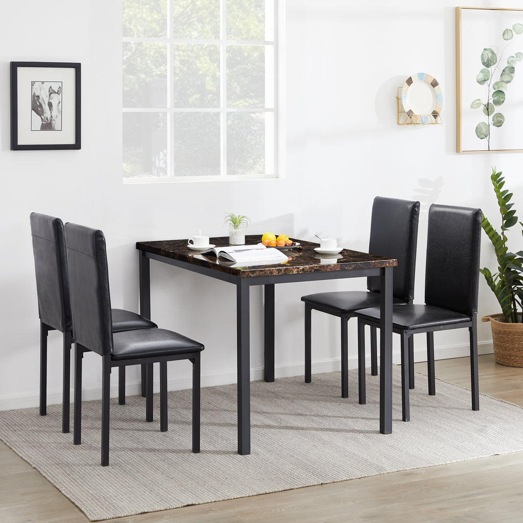 5 Counts - Dining Set Kitchen Table Set with Marble Top and 4 Durable Black Faux Leather Upholstery Chairs