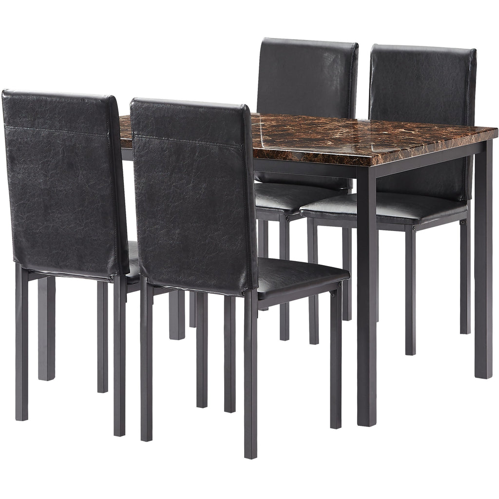 5 Counts - Dining Set Kitchen Table Set with Marble Top and 4 Durable Black Faux Leather Upholstery Chairs