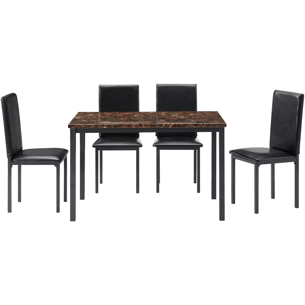 5 Counts - Dining Set Kitchen Table Set with Marble Top and 4 Durable Black Faux Leather Upholstery Chairs 