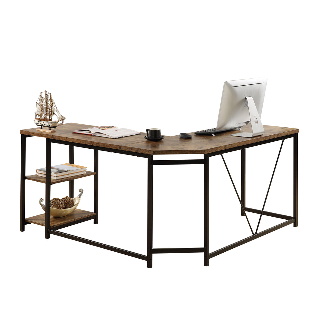 Dark Slate Gray L-Shaped Computer Desk with 2-Tier Storage Shelves for Home Office