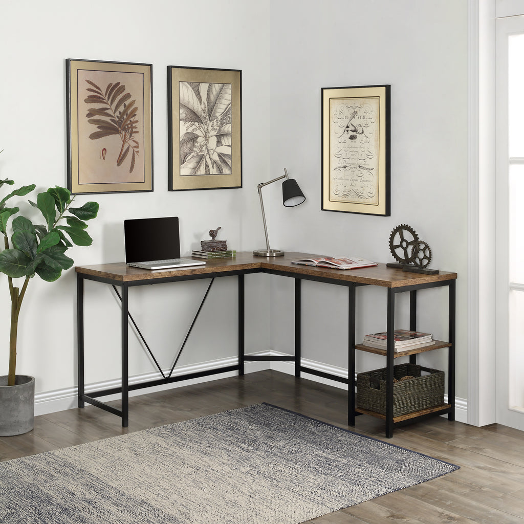 Gray L-Shaped Computer Desk with 2-Tier Storage Shelves for Home Office