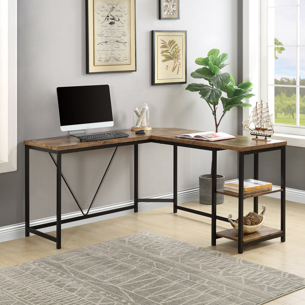 Gray L-Shaped Computer Desk with 2-Tier Storage Shelves for Home Office