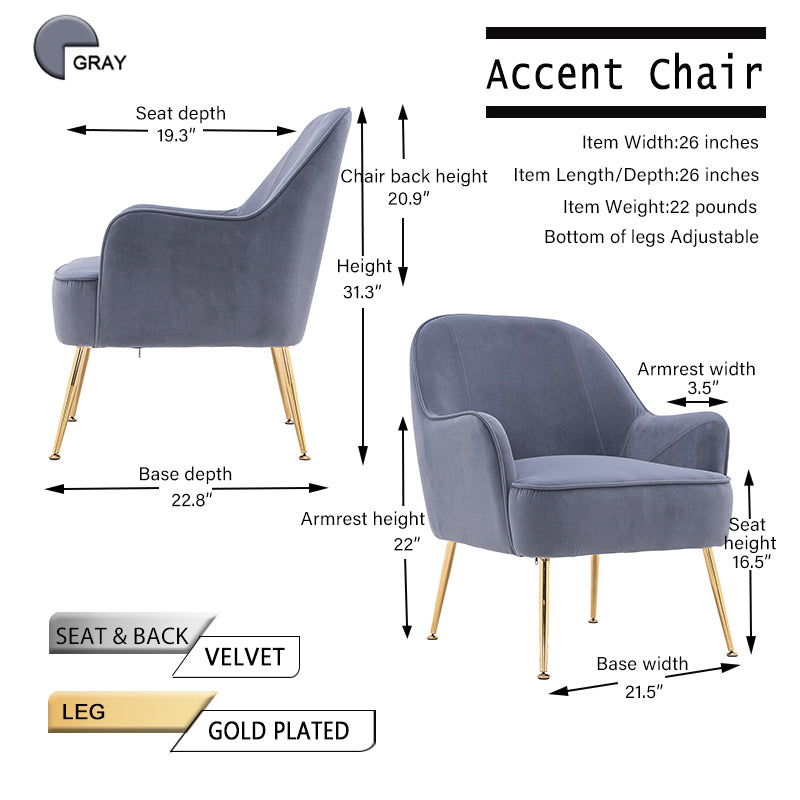 Dim Gray Velvet Accent Chair With Gold Metal Legs