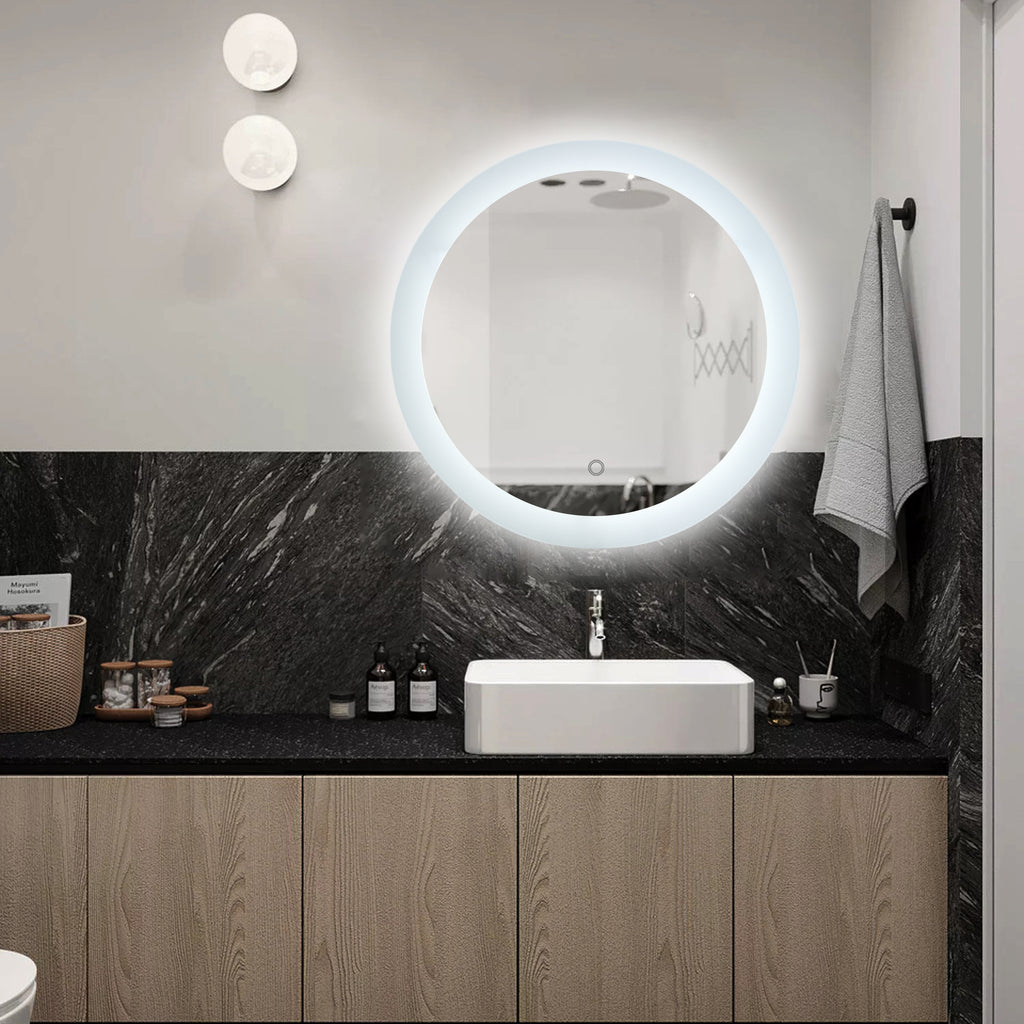 Light Gray LED Lighted Bathroom Wall Mounted Mirror with High Lumen+Anti-Fog Separately Control+Dimmer Function
